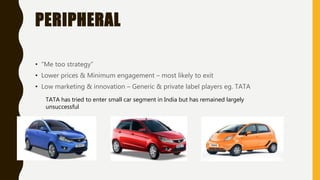 ASPIRATIONAL
• High sales volume & Premium pricing
• Redefine the category
• Launch Innovation
• Make distinctive features mainstream, not run-of-the-mill
Eg. Toyota is seen as an
Aspirational brand. To
maintain its position it
has come out with
Hybrid Car to retain
distinctiveness
 