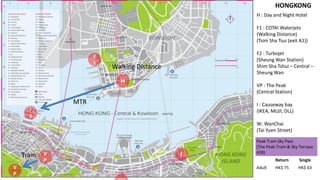 HONGKONG
                                                H : Day and Night Hotel

                                                F1 : COTAI Waterjets
                                                (Walking Distance)
                                                (Tsim Sha Tsui (exit A1))

                                                F2 : Turbojet
                     F
                                                (Sheung Wan Station)
                     1
                         Walking Distance       Shim Sha Tshui C Central C
                                                Sheung Wan
                           H
                                                VP : The Peak
                                                (Central Station)
               MTR                              I : Causeway bay
      F                                         (IKEA, MUJI, DLL)
      2
                                                W: WanChai
                                                (Tai Yuen Street)

                                                Peak Tram Sky Pass
                                                (The Peak Tram & Sky Terrace
                                                428)
    Tram   V                                I
           P                                             Return      Single
V                                               Adult    HK$ 75     HK$ 63
P
 