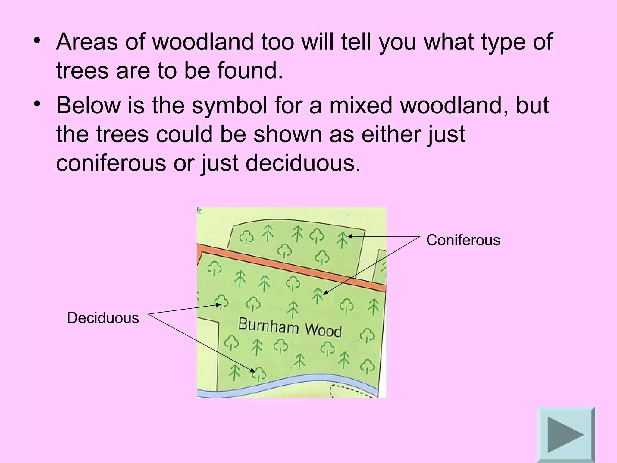 • Areas of woodland too will tell you what type of
  trees are to be found.
• Below is the symbol for a mixed woodland, but
  the trees could be shown as either just
  coniferous or just deciduous.


                                     Coniferous




   Deciduous
 