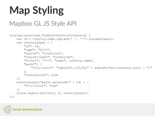 Map Styling
Mapbox GL JS Style API
visited.countries.forEach(function(country) {
var id = country.name.replace(' ', '-').toLowerCase();
var countryLayer = {
"id": id,
"type": "fill",
"source": "countries",
"source-layer": "countries",
"filter": ["==", "name", country.name],
"paint": {
"fill-color": "rgba(241,163,64," + alphaForYear(country.last) + ")"
},
"interactive": true
};
countryLayer["paint.selected-" + id] = {
"fill-color": "red"
};
style.layers.splice(3, 0, countryLayer);
});
 