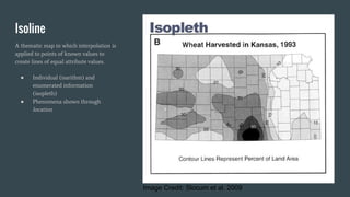 A thematic map in which interpolation is
applied to points of known values to
create lines of equal attribute values.
● Individual (isarithm) and
enumerated information
(isopleth)
● Phenomena shown through
location
Isoline
Image Credit: Slocum et al. 2009
 