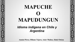 MAPUCHE
O
MAPUDUNGUN
Idioma indígena en Chile y
Argentina
Amaia Pérez, Oihane Tejero, Asier Muñoz, Iñaki Oteiza
 