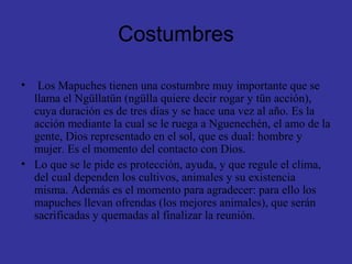 Costumbres
• Los Mapuches tienen una costumbre muy importante que se
llama el Ngüllatün (ngülla quiere decir rogar y tün acción),
cuya duración es de tres días y se hace una vez al año. Es la
acción mediante la cual se le ruega a Nguenechén, el amo de la
gente, Dios representado en el sol, que es dual: hombre y
mujer. Es el momento del contacto con Dios.
• Lo que se le pide es protección, ayuda, y que regule el clima,
del cual dependen los cultivos, animales y su existencia
misma. Además es el momento para agradecer: para ello los
mapuches llevan ofrendas (los mejores animales), que serán
sacrificadas y quemadas al finalizar la reunión.
 