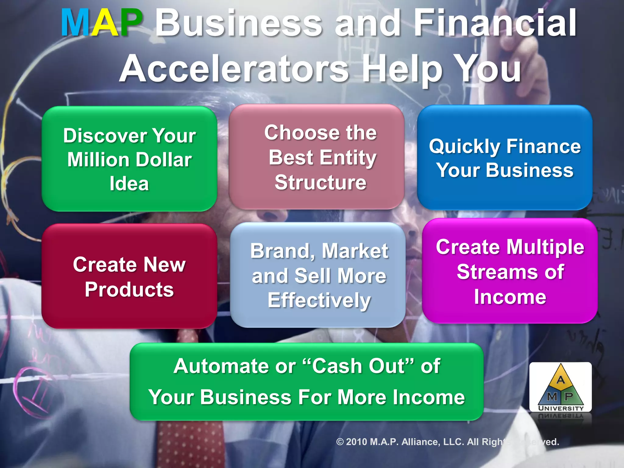 MAP Business and Financial
Accelerators Help You
Automate or “Cash Out” of
Your Business For More Income
Discover Your
Million Dollar
Idea
Choose the
Best Entity
Structure
Quickly Finance
Your Business
Create New
Products
Brand, Market
and Sell More
Effectively
Create Multiple
Streams of
Income
‘’
© 2010 M.A.P. Alliance, LLC. All Rights Reserved.
 