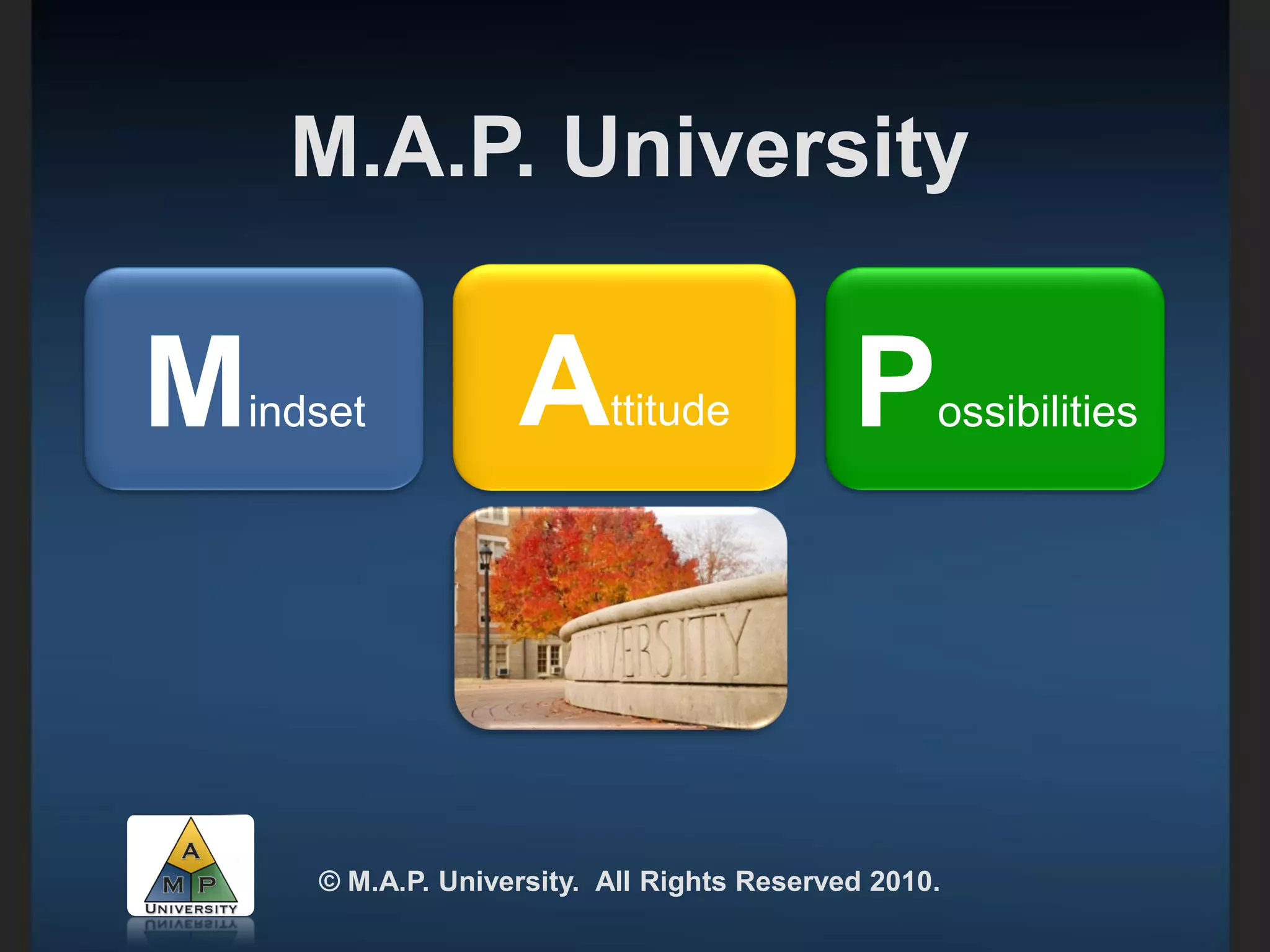 © M.A.P. University. All Rights Reserved 2010.
M.A.P. University
PossibilitiesMindset Attitude
 