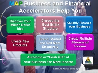 MAP Business and Financial
Accelerators Help You
Automate or “Cash Out” of
Your Business For More Income
Discover Your
Million Dollar
Idea
Choose the
Best Entity
Structure
Quickly Finance
Your Business
Create New
Products
Brand, Market
and Sell More
Effectively
Create Multiple
Streams of
Income
‘’
© 2010 M.A.P. Alliance, LLC. All Rights Reserved.
 