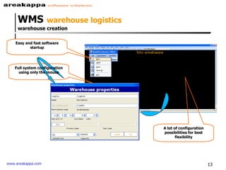 WMS   warehouse logistics  warehouse creation Easy and fast software startup Full system configuration using only the mouse A lot of configuration possibilities for best flexibility 
