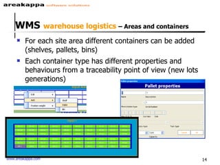WMS   warehouse logistics  – Areas and containers For each site area different containers can be added (shelves, pallets, bins) Each container type has different properties and behaviours from a traceability point of view (new lots generations) 