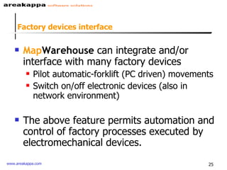 Factory devices interface Map Warehouse  can integrate and/or interface  with many factory devices Pilot automatic-forklift (PC driven) movements Switch on/off electronic devices (also in network environment) The above feature permits automation and control of factory processes executed by electromechanical devices.  