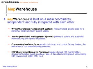 Map Warehouse Map Warehouse  is built on 4 main coordinates,  independent and fully integrated with each other: WMS (Warehouse Management System)  with advanced graphic tools for a powerful, fexible and easy system usage. WFMS (Workflow Management System)  permits to control and automate  Manufacturing and Quality Processes.  Communication Interfaces  permits to interact and control factory devices, the real actors of the manufacturing processes. ERP (Enterprise Resource Planning)   supplies typical ERP functionalities (Customer/Supplier mgmt, purchase, sale…). Can also be integrated  with existing ERP environment  (JDE, SAP, etc.). 