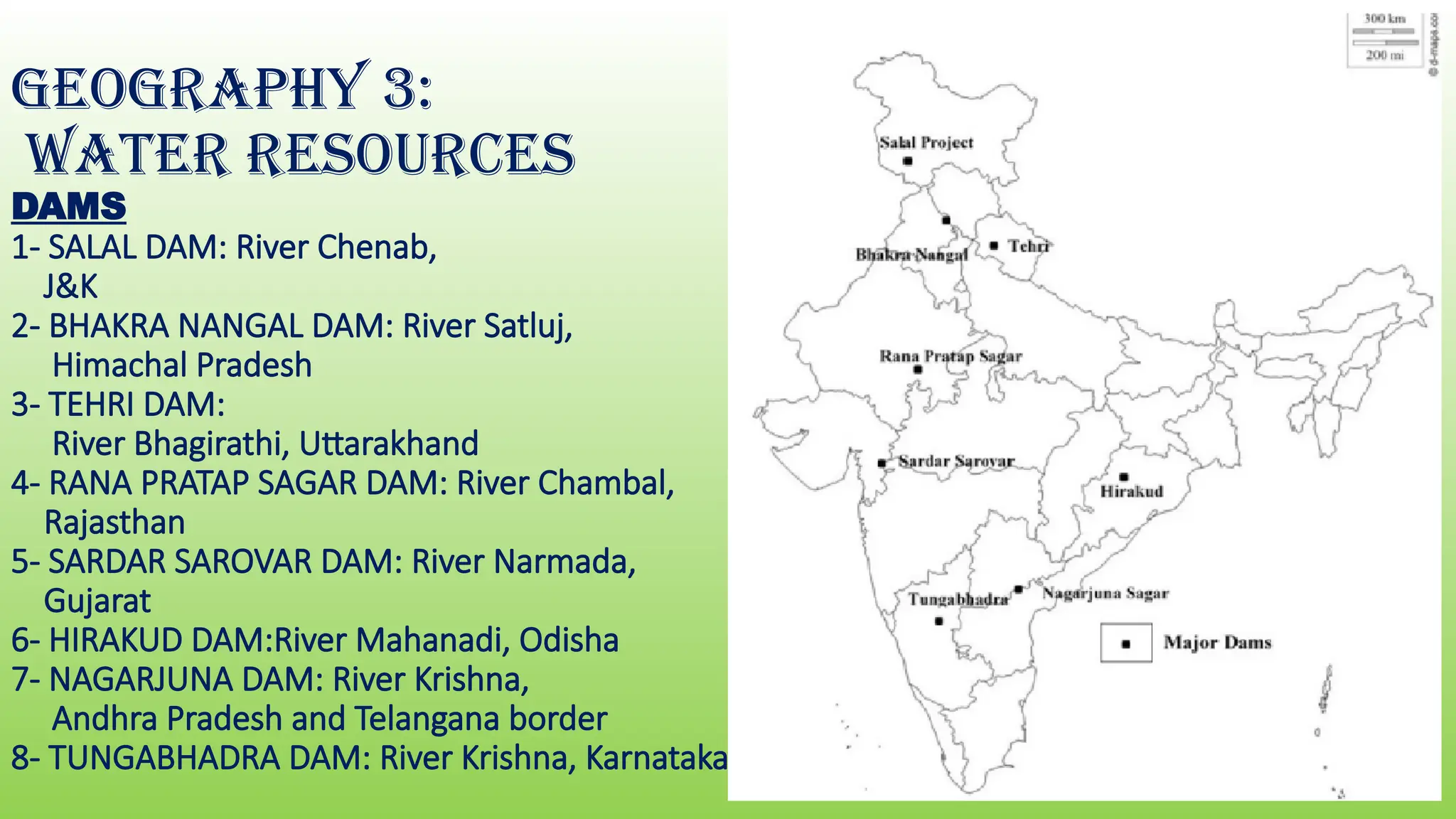 GEOGRAPHY 3:
WATER RESOURCES
DAMS
1- SALAL DAM: River Chenab,
J&K
2- BHAKRA NANGAL DAM: River Satluj,
Himachal Pradesh
3- TEHRI DAM:
River Bhagirathi, Uttarakhand
4- RANA PRATAP SAGAR DAM: River Chambal,
Rajasthan
5- SARDAR SAROVAR DAM: River Narmada,
Gujarat
6- HIRAKUD DAM:River Mahanadi, Odisha
7- NAGARJUNA DAM: River Krishna,
Andhra Pradesh and Telangana border
8- TUNGABHADRA DAM: River Krishna, Karnataka
 