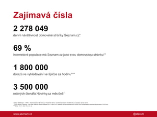 Zajímavá čísla
2 278 049
denní návštěvnost domovské stránky Seznam.cz*

69 %
internetové populace má Seznam.cz jako svou domovskou stránku**

1 800 000
dotazů ve vyhledávání ve špičce za hodinu***

3 500 000
reálných čtenářů Novinky.cz měsíčně*
*Zdroj: NetMonitor – SPIR – Mediaresearch & Gemius. Průměrná denní návštěvnost všech návštěvníků za období červen 2012
**Zdroj: Brand Tracking, TNS-Aisa, data za období listopad 2011-říjen 2012 zjištěná na reprezentativním vzorku 5029 přispěvatelů internetové populace (15-65 let)
***Zdroj: Interní data Seznam.cz

www.seznam.cz

@alesviti

 