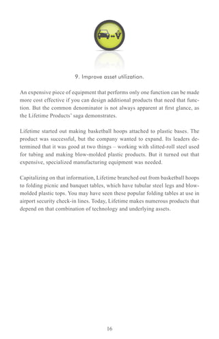 9. Improve asset utilization.

An expensive piece of equipment that performs only one function can be made
more cost effective if you can design additional products that need that func-
tion. But the common denominator is not always apparent at first glance, as
the Lifetime Products’ saga demonstrates.

Lifetime started out making basketball hoops attached to plastic bases. The
product was successful, but the company wanted to expand. Its leaders de-
termined that it was good at two things – working with slitted-roll steel used
for tubing and making blow-molded plastic products. But it turned out that
expensive, specialized manufacturing equipment was needed.

Capitalizing on that information, Lifetime branched out from basketball hoops
to folding picnic and banquet tables, which have tubular steel legs and blow-
molded plastic tops. You may have seen these popular folding tables at use in
airport security check-in lines. Today, Lifetime makes numerous products that
depend on that combination of technology and underlying assets.




                                     16
 