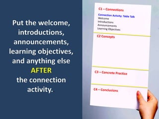 Put the welcome,
    introductions,
  announcements,
learning objectives,
 and anything else
        AFTER
   the connection
       activity..
 