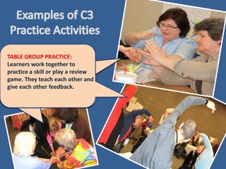 TABLE GROUP PRACTICE:
Learners work together to
practice a skill or play a review
game. They teach each other and
give each other feedback.
 