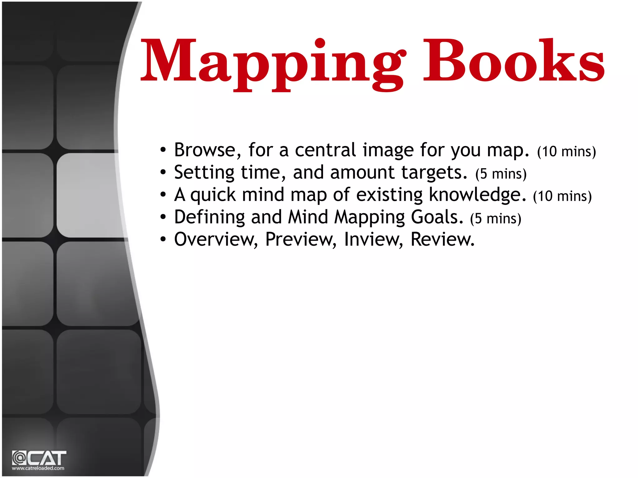 Mapping Books
●
    Browse, for a central image for you map. (10 mins)
●
    Setting time, and amount targets. (5 mins)
●
    A quick mind map of existing knowledge. (10 mins)
●   Defining and Mind Mapping Goals. (5 mins)
●
    Overview, Preview, Inview, Review.
 