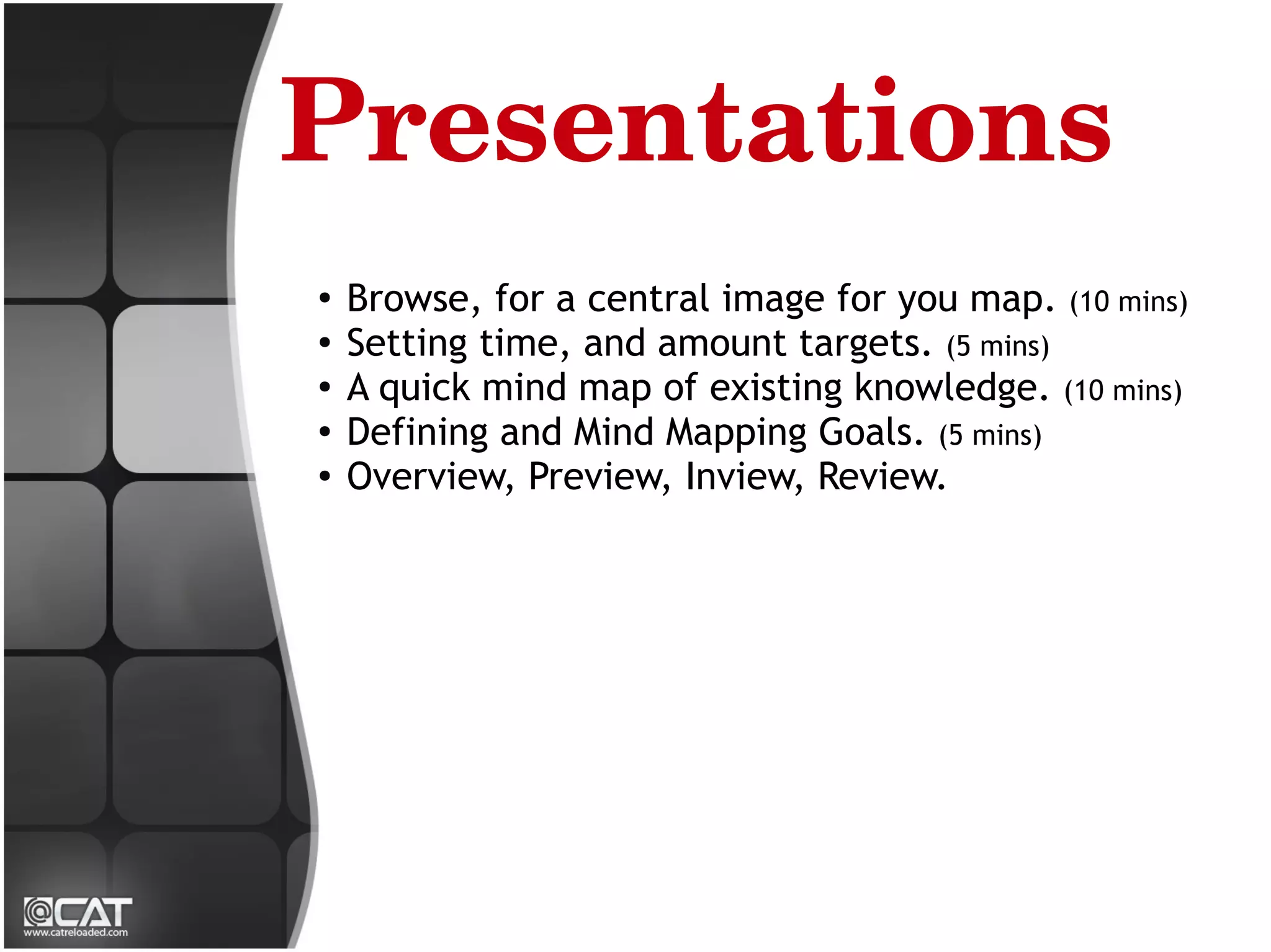 Presentations
●
    Browse, for a central image for you map. (10 mins)
●
    Setting time, and amount targets. (5 mins)
●
    A quick mind map of existing knowledge. (10 mins)
●   Defining and Mind Mapping Goals. (5 mins)
●
    Overview, Preview, Inview, Review.
 
