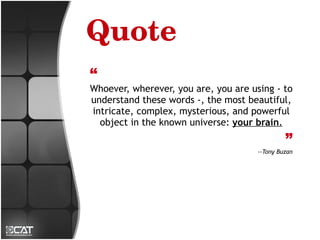 Quote
“
Whoever, wherever, you are, you are using - to
understand these words -, the most beautiful,
intricate, complex, mysterious, and powerful
  object in the known universe: your brain.
                                               ”
                                      --Tony Buzan
 