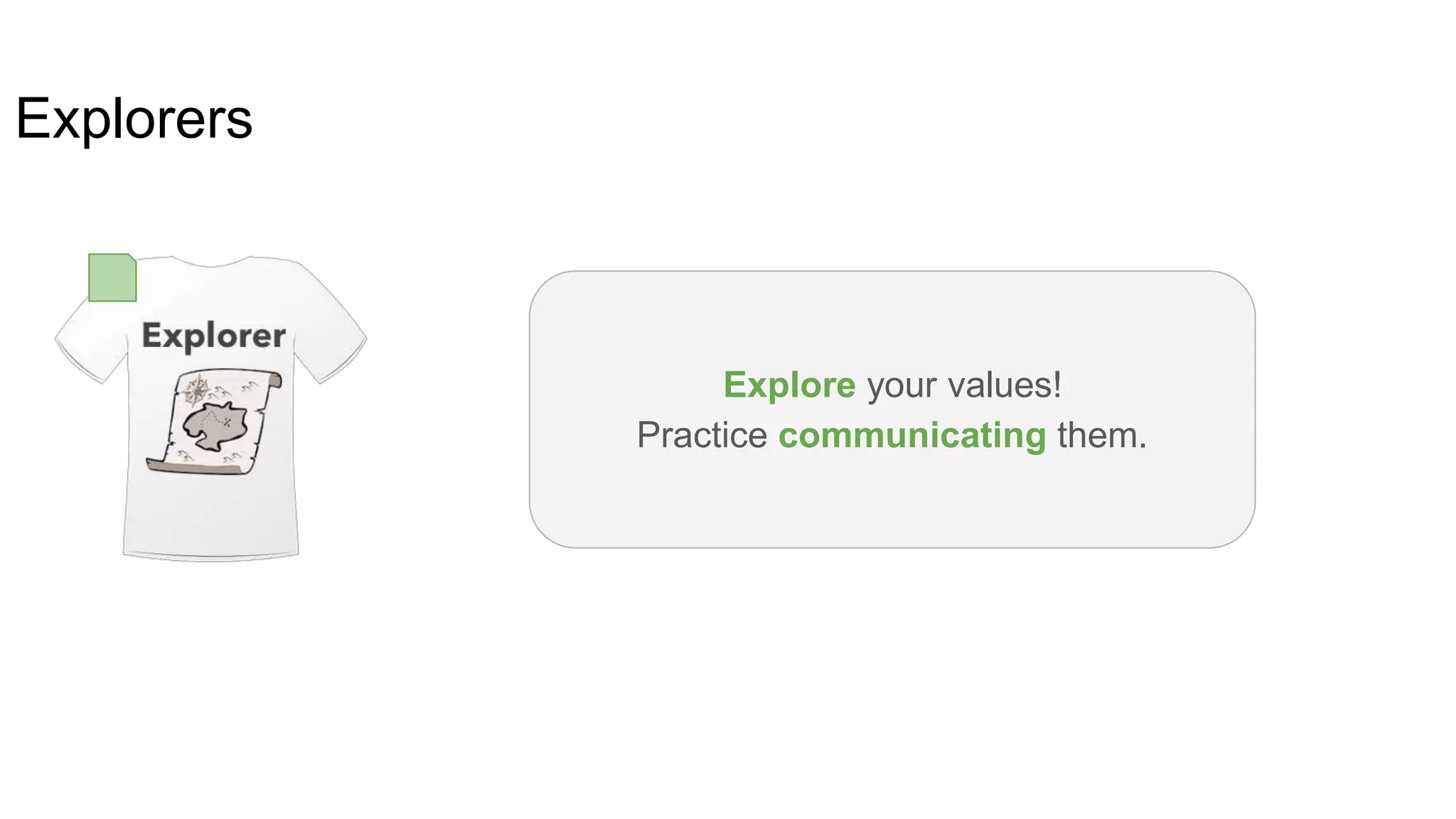 Explorers
Explore your values!
Practice communicating them.
 