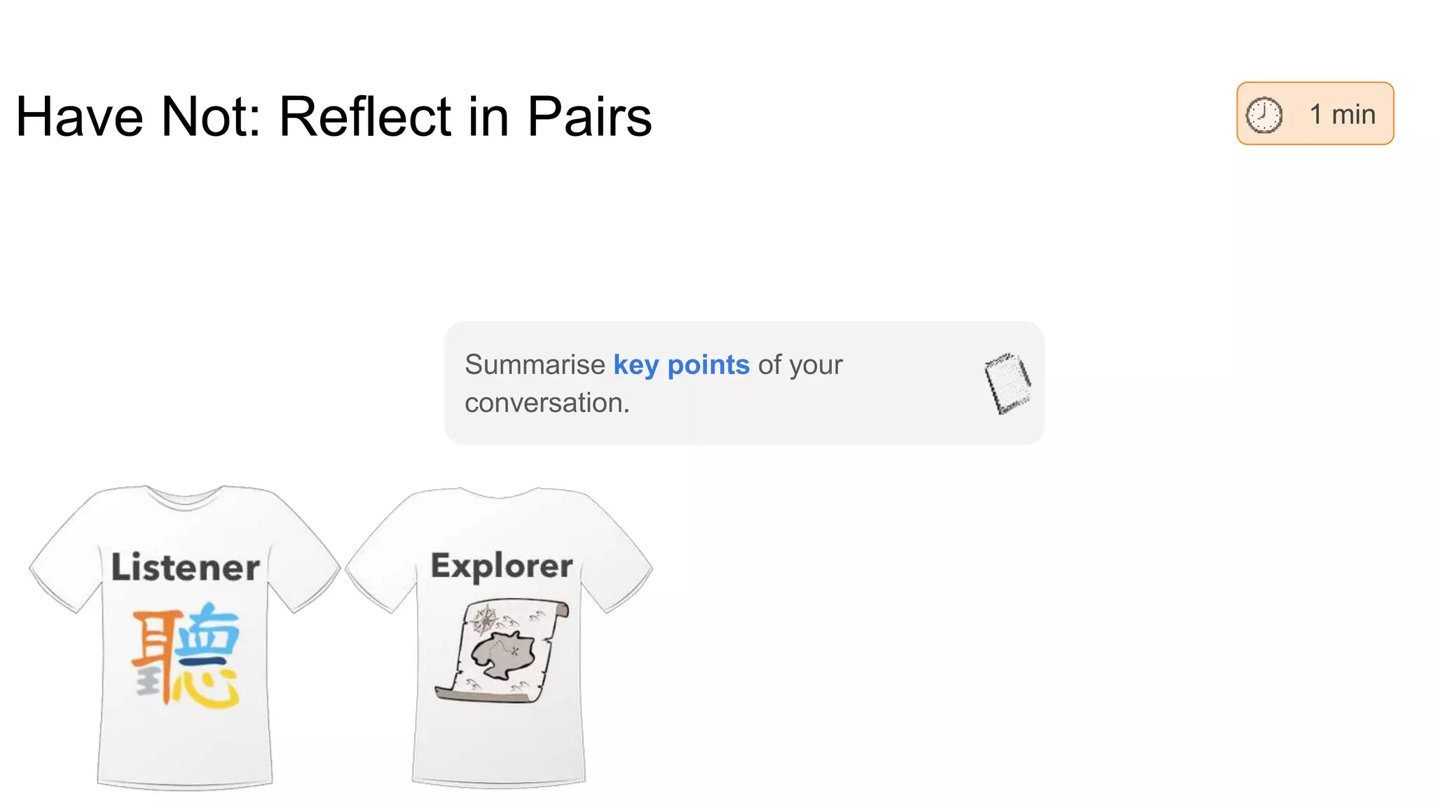 Have Not: Reflect in Pairs 1 min
Summarise key points of your
conversation.
 