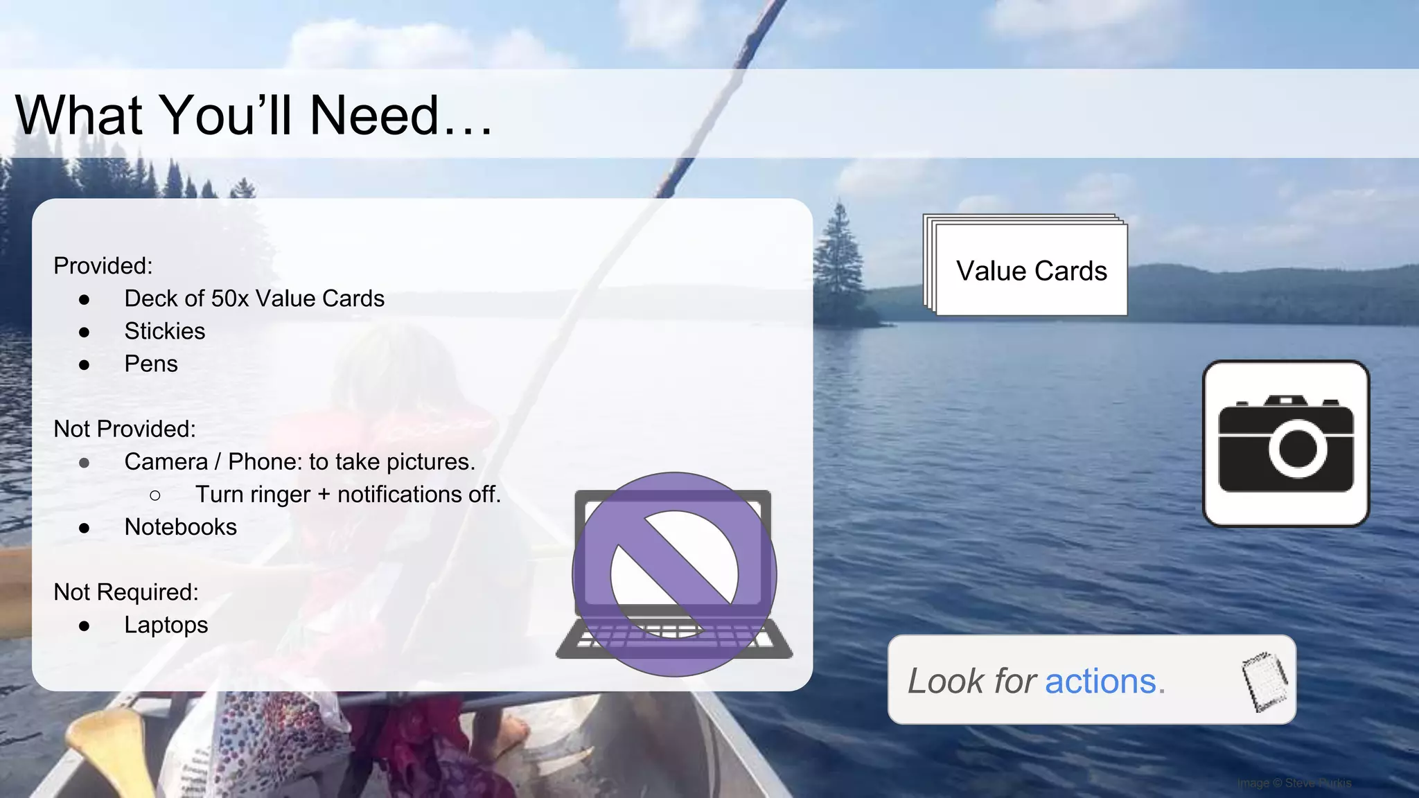 Image © Steve Purkis
Provided:
● Deck of 50x Value Cards
● Stickies
● Pens
Not Provided:
● Camera / Phone: to take pictures.
○ Turn ringer + notifications off.
● Notebooks
Not Required:
● Laptops
What You’ll Need…
Value CardsValue CardsValue CardsValue Cards
Look for actions.
 