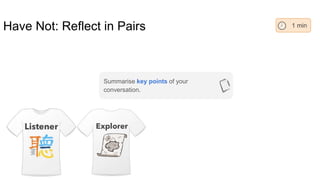 Have Not: Reflect in Pairs 1 min
Summarise key points of your
conversation.
 