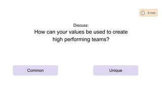 Discuss:
How can your values be used to create
high performing teams?
Common Unique
5 min
 