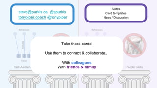 Self-Regulation People SkillsSelf-Awareness Empathy
steve@purkis.ca @spurkis
tonypiper.coach @tonypiper
Slides
Card templates
Ideas / Discussion
Take these cards!
Use them to connect & collaborate…
With colleagues
With friends & family
 