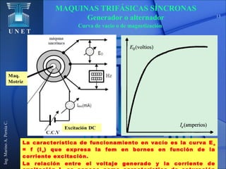 U N E T
Ing.MarinoA.PerníaC.
13
Curva de vacío o de magnetización
La característica de funcionamiento en vacío es la curva Eo
= f (Ie) que expresa la fem en bornes en función de la
corriente excitación.
La relación entre el voltaje generado y la corriente de
MAQUINAS TRIFÁSICAS SÍNCRONAS
Generador o alternador
 