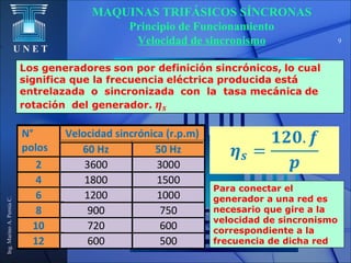 U N E T
Ing.MarinoA.PerníaC.
9
MAQUINAS TRIFÁSICOS SÍNCRONAS
Principio de Funcionamiento
Velocidad de sincronismo
N°
polos
Velocidad sincrónica (r.p.m)
60 Hz 50 Hz
2 3600 3000
4 1800 1500
6 1200 1000
8 900 750
10 720 600
12 600 500
Para conectar el
generador a una red es
necesario que gire a la
velocidad de sincronismo
correspondiente a la
frecuencia de dicha red
 