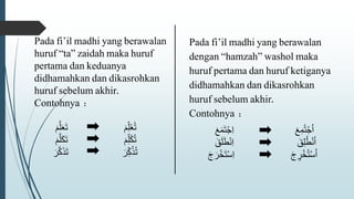 Pada fi’il madhi yang berawalan
huruf “ta” zaidah maka huruf
pertama dan keduanya
didhamahkan dan dikasrohkan
huruf sebelum akhir.
Contohnya :
َ‫م‬َّ‫ل‬َ‫ع‬َ‫ت‬ َ‫م‬ِِّ‫ل‬ُ‫ع‬ُ‫ت‬
َ‫م‬َّ‫ل‬َ‫ك‬َ‫ت‬ َ‫م‬ِِّ‫ل‬ً‫ك‬ُ‫ت‬
َ‫ر‬َّ‫ك‬َ‫ذ‬َ‫ت‬ َ‫ر‬ِِّ‫ك‬ُ‫ذ‬ُ‫ت‬
Pada fi’il madhi yang berawalan
dengan “hamzah” washol maka
huruf pertama dan huruf ketiganya
didhamahkan dan dikasrohkan
huruf sebelum akhir.
Contohnya :
َ‫ع‬َ‫م‬َ‫ت‬ْ‫ج‬ِ‫ا‬ َ‫ع‬ِ‫م‬ُ‫ت‬ْ‫ج‬ُ‫ا‬
َ‫ق‬َ‫ل‬َ‫ط‬ْ‫ن‬ِ‫ا‬ َ‫ق‬ِ‫ل‬ُ‫ط‬ْ‫ن‬ُ‫ا‬
َ‫ج‬َ‫ر‬ْ‫خ‬َ‫ت‬ْ‫س‬ِ‫ا‬ َ‫ج‬ ٍ‫ر‬ْ‫خ‬ُ‫ت‬ْ‫س‬ُ‫ا‬
 