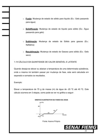29
o Fusão: Mudança de estado de sólido para líquido (Ex.: Gelo passando
para água)
o Solidificação: Mudança de estado de líquido para sólido (Ex.: Água
passando para gelo)
o Sublimação: Mudança de estado de Sólido para gasoso (Ex.:
Naftalina)
o Resublimação: Mudança de estado de Gasoso para sólido (Ex.: Gelo
seco)
1.14 CÁLCULO DA QUANTIDADE DE CALOR SENSÍVEL E LATENTE
Quando deseja-se elevar ou abaixar a temperatura de uma determinada substância,
onde a mesma irá também passar por mudança de fase, esta será calculada em
separado e somados os resultados.
Exemplo:
Elevar a temperatura de 75 g de massa (m) de água de -20 ºC até 40 ºC. Este
cálculo ocorrera em 3 etapas, como pode-se ver no gráfico a seguir:
Fonte: Acervo Próprio
 