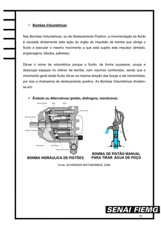 61
 Bombas Volumétricas:
Nas Bombas Volumétricas, ou de Deslocamento Positivo, a movimentação do fluído
é causada diretamente pela ação do órgão de impulsão da bomba que obriga o
fluído a executar o mesmo movimento a que está sujeito este impulsor (êmbolo,
engrenagens, lóbulos, palhetas).
Dá-se o nome de volumétrica porque o fluído, de forma sucessiva, ocupa e
desocupa espaços no interior da bomba, com volumes conhecidos, sendo que o
movimento geral deste fluído dá-se na mesma direção das forças a ele transmitidas,
por isso a chamamos de deslocamento positivo. As Bombas Volumétricas dividem-
se em:
 Êmbolo ou Alternativas (pistão, diafragma, membrana):
Fonte: SCHNEIDER MOTOBOMBAS, 2006.
 