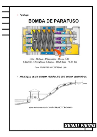 63
 Parafuso:
Fonte: SCHNEIDER MOTOBOMBAS, 2006.
 APLICAÇÃO DE UM SISTEMA HIDRÁULICO COM BOMBA CENTRÍFUGA:
Fonte: Manual Técnico SCHNEIDER MOTOBOMBAS
 