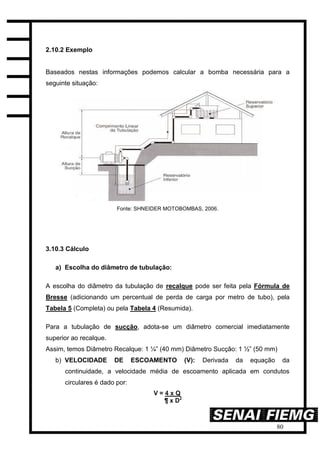 80
2.10.2 Exemplo
Baseados nestas informações podemos calcular a bomba necessária para a
seguinte situação:
Fonte: SHNEIDER MOTOBOMBAS, 2006.
3.10.3 Cálculo
a) Escolha do diâmetro de tubulação:
A escolha do diâmetro da tubulação de recalque pode ser feita pela Fórmula de
Bresse (adicionando um percentual de perda de carga por metro de tubo), pela
Tabela 5 (Completa) ou pela Tabela 4 (Resumida).
Para a tubulação de sucção, adota-se um diâmetro comercial imediatamente
superior ao recalque.
Assim, temos Diâmetro Recalque: 1 ¼” (40 mm) Diâmetro Sucção: 1 ½” (50 mm)
b) VELOCIDADE DE ESCOAMENTO (V): Derivada da equação da
continuidade, a velocidade média de escoamento aplicada em condutos
circulares é dado por:
 