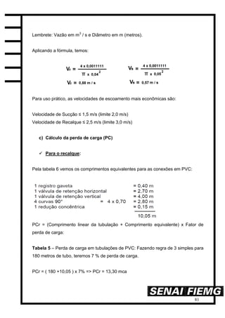 81
Lembrete: Vazão em m3
/ s e Diâmetro em m (metros).
Aplicando a fórmula, temos:
Para uso prático, as velocidades de escoamento mais econômicas são:
Velocidade de Sucção ≤ 1,5 m/s (limite 2,0 m/s)
Velocidade de Recalque ≤ 2,5 m/s (limite 3,0 m/s)
c) Cálculo da perda de carga (PC)
 Para o recalque:
Pela tabela 6 vemos os comprimentos equivalentes para as conexões em PVC:
PCr = (Comprimento linear da tubulação + Comprimento equivalente) x Fator de
perda de carga:
Tabela 5 – Perda de carga em tubulações de PVC: Fazendo regra de 3 simples para
180 metros de tubo, teremos 7 % de perda de carga.
PCr = ( 180 +10,05 ) x 7% => PCr = 13,30 mca
 