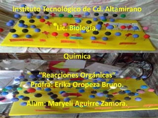 Instituto Tecnológico de Cd. Altamirano

             Lic. Biología.


               Química

       “Reacciones Orgánicas”
     Profra: Erika Oropeza Bruno.

    Alum: Maryeli Aguirre Zamora.
 