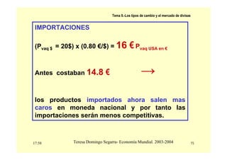 17:58 15
Teresa Domingo Segarra- Economía Mundial. 2003-2004
Tema 9.-Los tipos de cambio y el mercado de divisas
IMPORTACIONES
(Pvaq $ = 20$) x (0.80 €/$) = 16 € Pvaq USA en €
Antes costaban 14.8 € →
los productos importados ahora salen mas
caros en moneda nacional y por tanto las
importaciones serán menos competitivas.
 