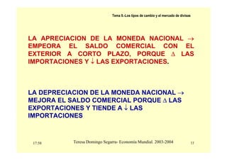 17:58 17
Teresa Domingo Segarra- Economía Mundial. 2003-2004
Tema 9.-Los tipos de cambio y el mercado de divisas
LA APRECIACION DE LA MONEDA NACIONAL →
EMPEORA EL SALDO COMERCIAL CON EL
EXTERIOR A CORTO PLAZO, PORQUE ∆ LAS
IMPORTACIONES Y ↓ LAS EXPORTACIONES.
LA DEPRECIACION DE LA MONEDA NACIONAL →
MEJORA EL SALDO COMERCIAL PORQUE ∆ LAS
EXPORTACIONES Y TIENDE A ↓ LAS
IMPORTACIONES
 