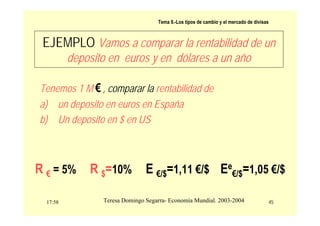 17:58 45
Teresa Domingo Segarra- Economía Mundial. 2003-2004
Tema 9.-Los tipos de cambio y el mercado de divisas
EJEMPLO Vamos a comparar la rentabilidad de un
deposito en euros y en dólares a un año
Tenemos 1 M € , comparar la rentabilidad de
a) un deposito en euros en España
b) Un deposito en $ en US
R € = 5% R $=10% E €/$=1,11 €/$ Ee
€/$=1,05 €/$
 