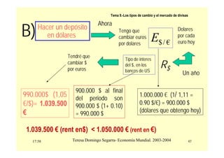 17:58 47
Teresa Domingo Segarra- Economía Mundial. 2003-2004
Tema 9.-Los tipos de cambio y el mercado de divisas
B)Hacer un depósito
en dólares
Ahora
Tengo que
cambiar euros
por dolares €
/
$
E
Dolares
por cada
euro hoy
Un año
R$
Tipo de interes
del $, en los
bancos de US
Tendré que
cambiar $
por euros
1.000.000 € (1/ 1,11 =
0.90 $/€) = 900.000 $
(dólares que obtengo hoy)
900.000 $ al final
del periodo son
900.000 $ (1+ 0.10)
= 990.000 $
990.000$ (1,05
€/$)= 1.039.500
€
1.039.500 € (rent en$) < 1.050.000 € (rent en €)
 