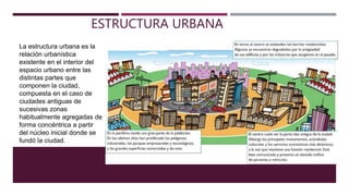 ESTRUCTURA URBANA
La estructura urbana es la
relación urbanística
existente en el interior del
espacio urbano entre las
distintas partes que
componen la ciudad,
compuesta en el caso de
ciudades antiguas de
sucesivas zonas
habitualmente agregadas de
forma concéntrica a partir
del núcleo inicial donde se
fundó la ciudad.
 