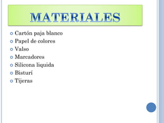  Cartón paja blanco
 Papel de colores
 Valso
 Marcadores
 Silicona liquida
 Bisturí
 Tijeras
 