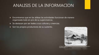 ANALISIS DE LA INFORMACION
 Encontramos que en las aldeas las actividades funcionan de manera
organizada todo en pro de su supervivencia.
 Se destacan por ser leales a sus culturas y creencias.
 Son los propios productores de su sustento.
url:https://books.openedition.org/ifea/docannexe/image/582/img-4-
small700.jpg
 