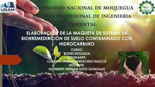 ELABORACIÓN DE LA MAQUETA DE SISTEMA DE
BIORREMEDIACIÓN DE SUELO CONTAMINADO CON
HIDROCARBURO
CURSO:
BIOTECNOLOGIA
ESTUDIANTE:
CLAUDIA JANETH SANTACRUZ HUILLCA
DOCENTE:
Dr. HEBERT HERNAN SOTO GONZALES
CICLO:
VII
 