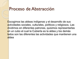 Proceso de Abstracción
Escogimos las aldeas indígenas y el desarrollo de sus
actividades sociales, culturales, políticos y religiosos. Las
dividimos en diferentes patrones, quisimos representarlas
en un cubo el cual la Cubierta es la aldea y los demás
lados son las diferentes las actividades que mantienen una
aldea
 