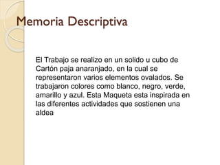El Trabajo se realizo en un solido u cubo de
Cartón paja anaranjado, en la cual se
representaron varios elementos ovalados. Se
trabajaron colores como blanco, negro, verde,
amarillo y azul. Esta Maqueta esta inspirada en
las diferentes actividades que sostienen una
aldea
Memoria Descriptiva
 