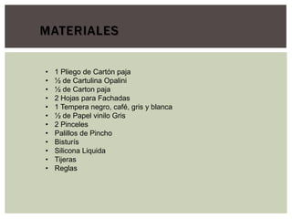 MATERIALES
• 1 Pliego de Cartón paja
• ½ de Cartulina Opalini
• ½ de Carton paja
• 2 Hojas para Fachadas
• 1 Tempera negro, café, gris y blanca
• ½ de Papel vinilo Gris
• 2 Pinceles
• Palillos de Pincho
• Bisturís
• Silicona Liquida
• Tijeras
• Reglas
 