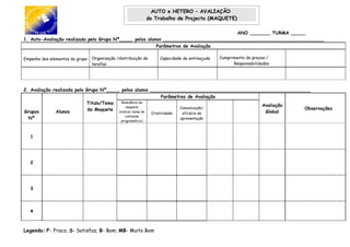 AUTO e HETERO – AVALIAÇÃO
                                                               do Trabalho de Projecto (MAQUETE)

                                                                                      ANO _______ TURMA _____
1. Auto-Avaliação realizada pelo Grupo Nº____, pelos alunos ________________________________________________________
                                                         Parâmetros de Avaliação

Empenho dos elementos do grupo   Organização /distribuição de      Capacidade de entreajuda   Cumprimento de prazos /
                                 tarefas                                                            Responsabilidades




2. Avaliação realizada pelo Grupo Nº____, pelos alunos ________________________________________________________
                                                               Parâmetros de Avaliação
                            Titulo/Tema   Relevância da
                                                                                              Avaliação
                                            maquete
                             da Maquete (indicar nome do               Comunicação/                          Observações
Grupos        Alunos                                     Criatividade   eficácia da            Global
                                            conteúdo
  Nº                                                                   apresentação
                                               programático)



   1




   2




   3



   4



Legenda: F- Fraco; S- Satisfaz; B- Bom; MB- Muito Bom
 