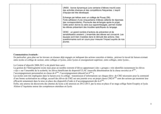 5
Commentaires éventuels :
En particulier, gros plan sur les travaux en réseaux déjà engagés en indiquant des actions concrètes et datées, préciser le travail de liaison existant
entre écoles et collège de secteur, entre collèges et lycées, entre lycées et enseignement supérieur, entre collèges, entre lycées...
Le Contrat d’objectifs 2008-2012 a été plutôt bien suivi.
La gestion de l’hétérogénéité existe mais pour un nombre restreint d’élèves appartenant à des « groupes » très identifiés (notamment les élèves
« dys » sur l’ensemble de la scolarité, les élèves bénéficiant du dispositif CLAC (nouvelle dénomination de la classe ouverte) en 4ème
,
l’accompagnement personnalisé en classe de 6ème
, l’accompagnement éducatif en 6ème
).
Les écoles sont très impliquées dans la liaison avec le collège : transmission d’informations sur chaque élève de CM2 nécessaire pour la continuité
d’une bonne scolarisation au collège, accueil des élèves de CM2 sur une journée avec un projet classe CM2/6ème
sont des actions qui montrent leur
efficacité notamment dans la mise en place des dispositifs d’aide et d’accompagnement dès la 6ème
.
Enfin, une amorce de découverte des attentes du lycée a été amorcée en 2012-2013, par la mise en place d’un stage collège Saint-Exupéry et lycée
Aliénor d’Aquitaine autour des compétences attendues en lycée.
UNSS : bonne dynamique (une centaine d’élèves inscrit) avec
des activités diverses et des compétitions fréquentes. L’esprit
d’équipe est très développé.
Echange par lettres avec un collège de Pouay (56).
Forte adhésion d’une cinquantaine d’élèves (attente de réponses
des correspondants). Poursuite des échanges après le projet.
Cette action donne du sens aux apprentissages, permet d’aider
les élèves présentant des troubles spécifiques du langage.
CESC : un grand nombre d’actions de prévention et de
sensibilisation existent. L’ensemble des élèves est concerné. Les
équipes sont bien investies dans le déroulé des actions. Des
questionnaires sont en cours pour mesurer l’impact auprès de nos
jeunes.
 